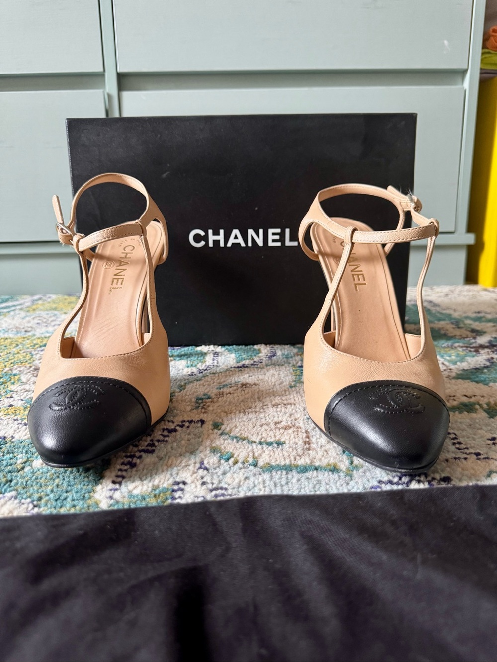Chanel Beige/Black Lambskin, Two strap slingback, Size 40.5